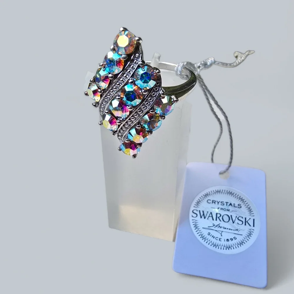 Artisan ✦ Aurora Borealis Swarovski Crystal Ring ✦ 925 Sterling Platinum Over - Picture 2 of 8